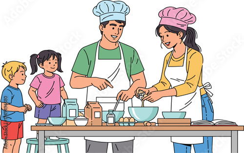 Happy family cooking together in kitchen, parents and children preparing food, teamwork learning recipe, homemade meal preparation, healthy lifestyle activity