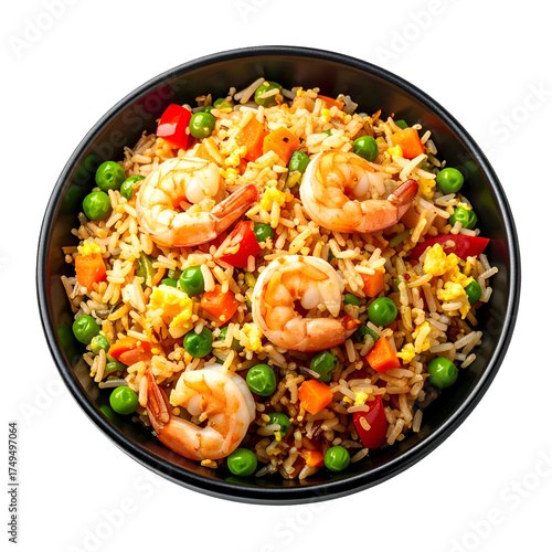 Overhead shot of a black bowl brimming with shrimp fried rice and vegetables