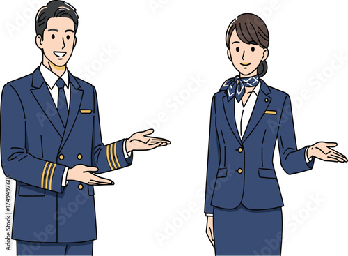 Male and female flight attendants in uniform smiling and gesturing welcome, professional airline crew staff, aviation service, hospitality, travel industry illustration