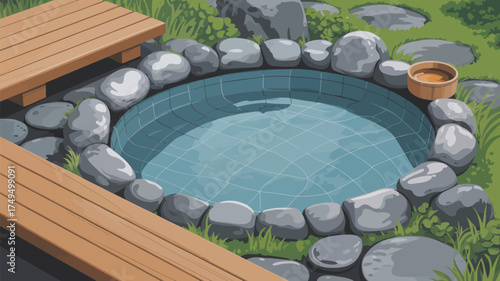 A cartoon illustration of a small round pool surrounded by rocks with a wooden bench nearby