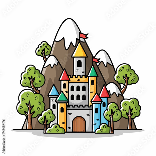 Cartoon castle illustration with colorful towers, mountains, trees, and flag in a nature scene