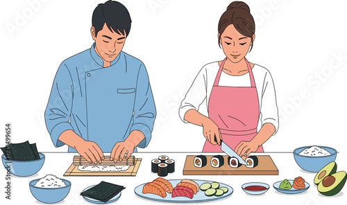 ouple preparing sushi together in kitchen, Japanese food making process, teamwork, healthy meal, culinary culture, homemade cooking illustration concept