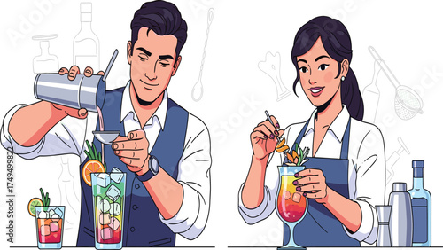 Professional bartenders making colorful cocktails, smiling man and woman mixing drinks at bar counter, modern bar illustration, beverage preparation concept