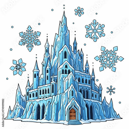 Enchanting Ice Castle Surrounded by Sparkling Snowflakes