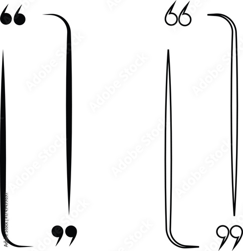 Black quote box icon set, collection, and group in flat line style, including speech bubble frame, quotation mark border comment outline, chat frame, dialogue shape, and message template vector design