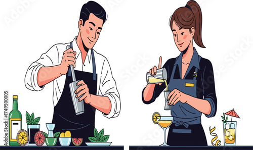 Professional bartenders preparing cocktails at bar counter, mixology concept, fresh ingredients, nightlife, drinks, party, beverage industry scene