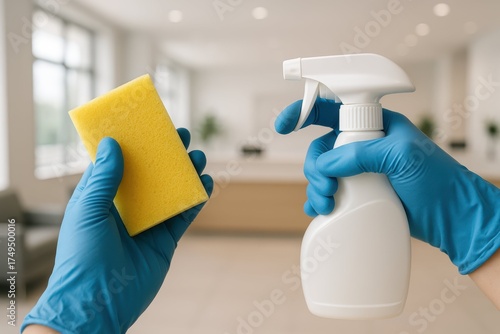 Home Cleaning Essentials.  Hands in blue gloves hold a spray bottle and a yellow sponge, ready for cleaning a modern home or office interior.
