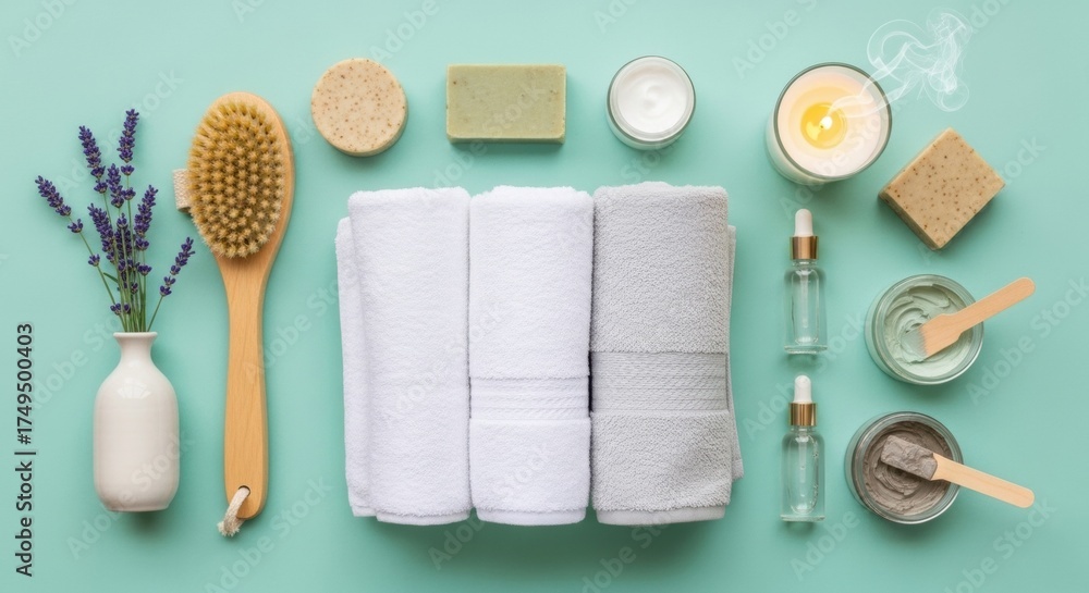 Naklejka premium Spa Day Essentials: Serene Arrangement of Bath Products on Teal Background.