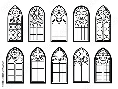 Set of Gothic Church Windows,  Medieval Cathedral Arches, Stained Glass Patterns, and Antique Temple Architecture – Renaissance Style Illustration