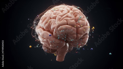 Abstract 3D Pink Brain With Colorful Particles Swirling Around Dark Background