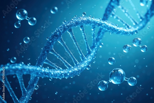 Crystalline blue DNA double helix elegantly floats, immersed in a scientific micro-environment, symbolizing genetic research, future discovery, and biotech innovation