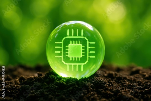 Glowing green orb containing a microchip rests upon fertile soil, symbolizing ecological innovation and sustainable digital growth for a brighter environmental future