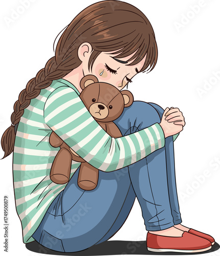Sad little girl sitting alone hugging teddy bear, child loneliness concept, emotional stress, depression, anxiety, mental health illustration, comfort toy
