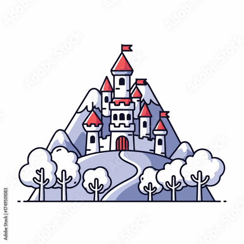 Charming cartoon medieval fortress with red conical roofs and flags, nestled in a mountain landscape with trees