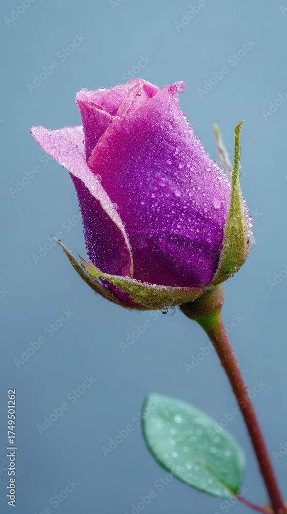 Fototapeta premium A close-up of a dew-kissed purple rose, showcasing its delicate petals against a soft blue background.