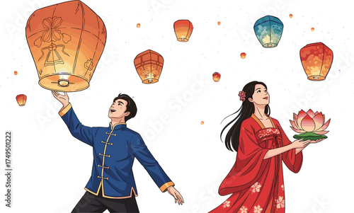 Traditional Asian festival celebration with couple releasing colorful sky lanterns and holding lotus flower, cultural event, night lights, happiness, heritage