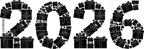 Year 2026 formed by a collection of gift boxes, symbolizing joy and anticipation of receiving presents in upcoming year