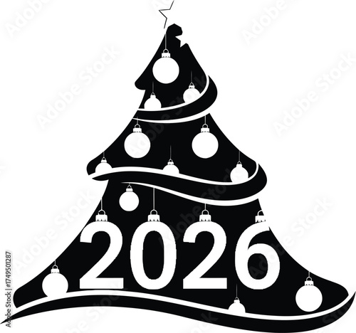 A christmas tree decorated with ornaments and year 2026, representing festive season and anticipation for upcoming year