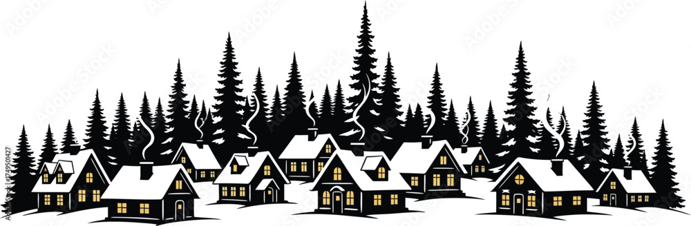 Obraz premium A charming winter village illustration, featuring snowcovered houses nestled among tall pine trees, with smoke rising from chimneys, creating a cozy and serene scene