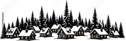 A charming winter village illustration, featuring snowcovered houses nestled among tall pine trees, with smoke rising from chimneys, creating a cozy and serene scene