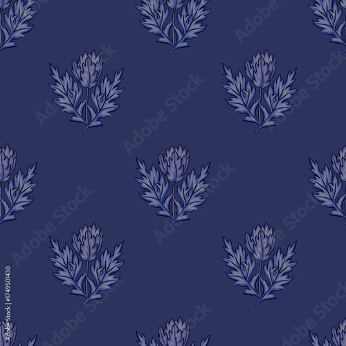 A seamless pattern with elegant blue and white floral motifs on a dark blue background. The detailed, hand-drawn composition perfect for textiles, wallpapers, décor  interior.