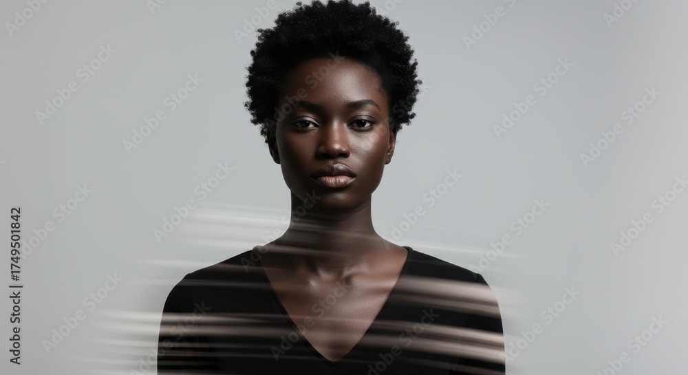 Fototapeta premium Serious young Black woman with natural curly hair looking at camera with motion blur effect