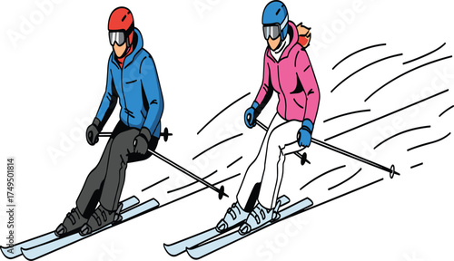 Two people skiing downhill on snowy mountain slope, extreme winter sports, ski adventure, outdoor activity, snowboarding alternative, cold weather recreation illustration