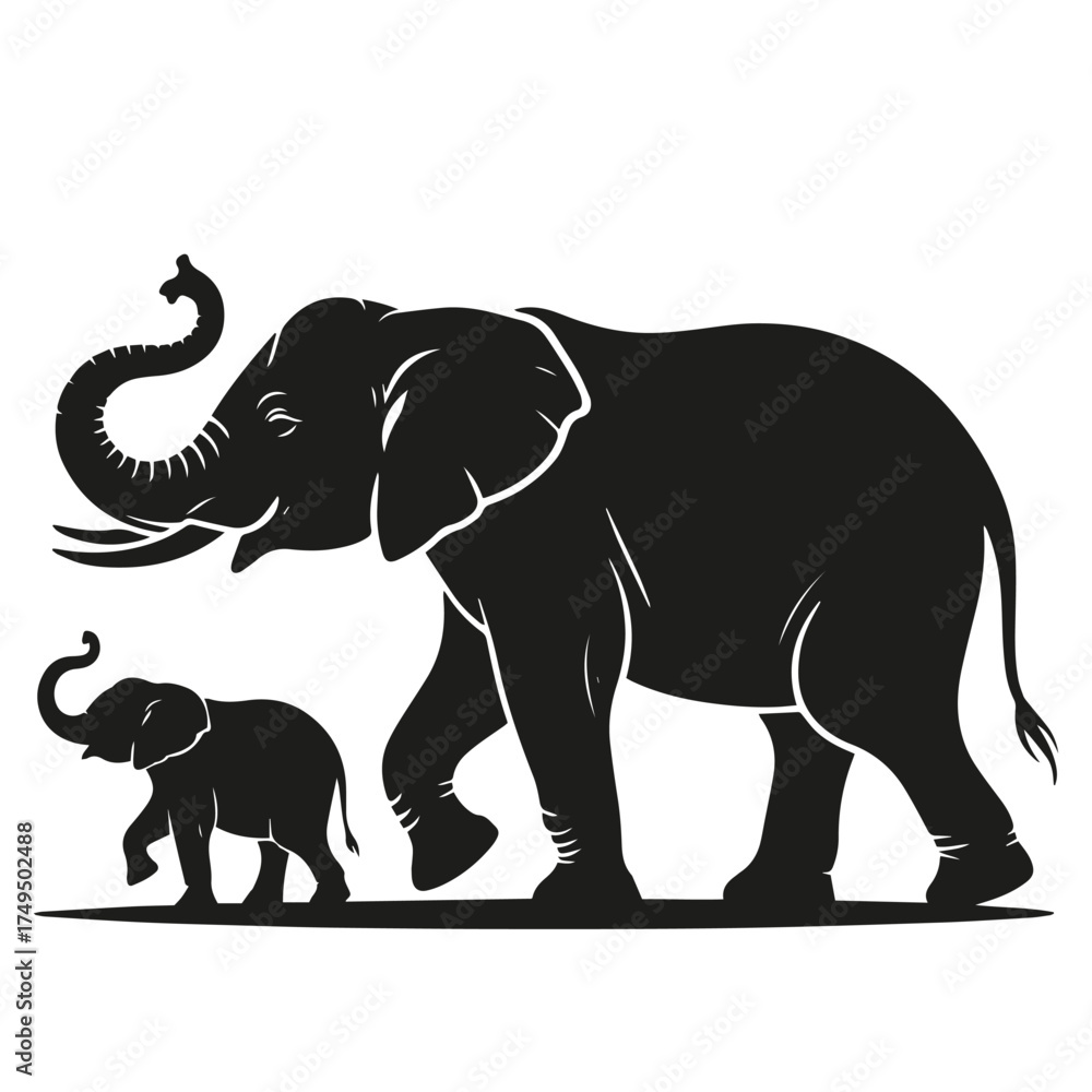 Fototapeta premium Elephant Silhouette - Adult and Baby Elephant Walking Together