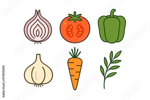 Colorful icons of fresh vegetables and herb sprig for healthy eating themes