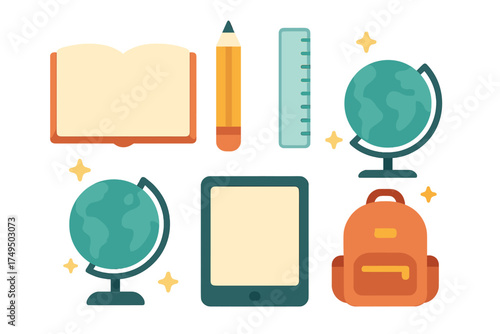 Colorful icons of essential school supplies and educational objects
