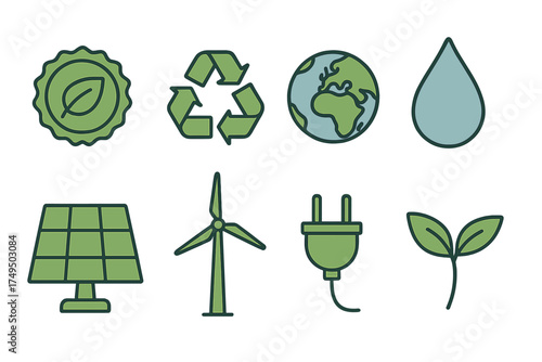 Renewable energy and ecology icons with solar panel and wind turbine