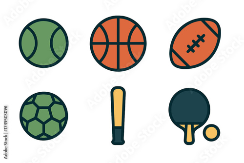 Six flat style icons of sports equipment including balls and a bat
