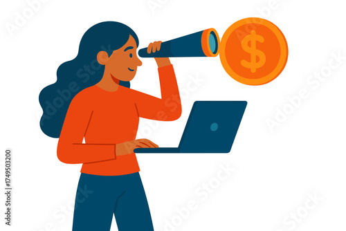 Woman uses laptop while viewing large dollar coin through telescope