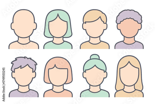 Set of eight diverse anonymous user profile avatars with pastel colors