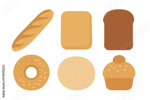 Variety of baked bread and pastry icons for food concepts
