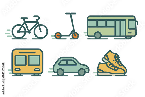 Collection of simple icons for various transportation and movement methods