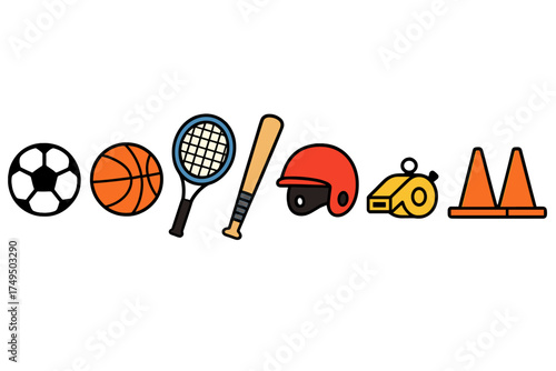 Colorful icons of various sports equipment like balls, rackets, bats, helmets, whistles, and cones