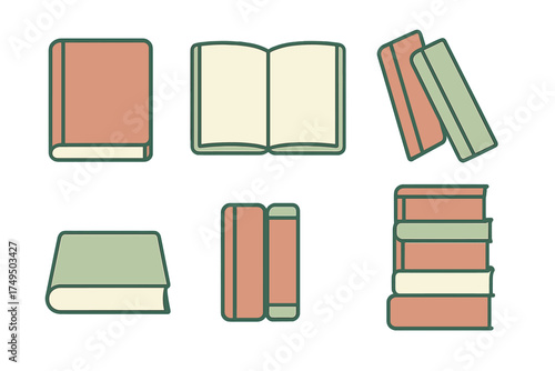 Collection of six different book icons symbolizing literature, study, and academic knowledge