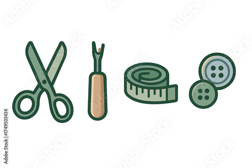 Set of essential sewing and tailoring tools icons featuring scissors tape measure and buttons
