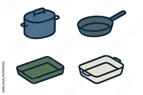 Isometric icons of cooking pots and various baking dishes