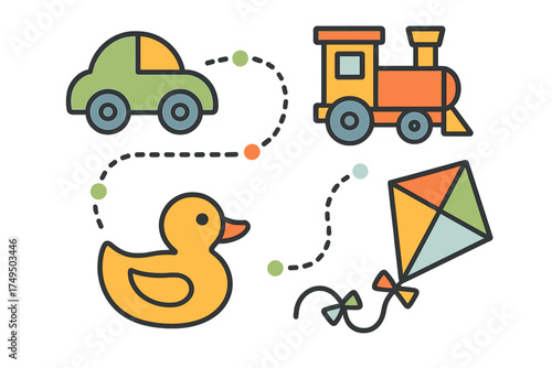 Colorful simple icons of classic children's toys like car, train, duck, and kite