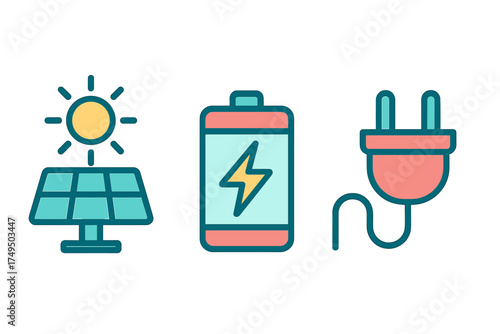 Solar energy storage and electric plug icons set