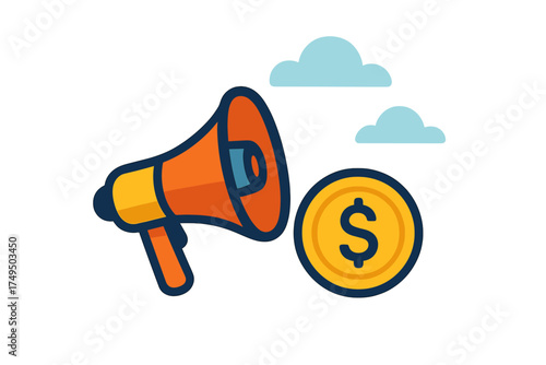 Loudspeaker broadcasting financial success and marketing opportunities with a dollar coin icon