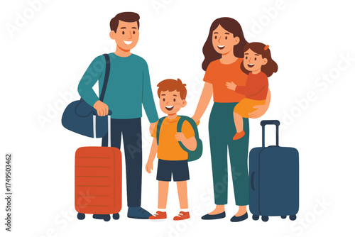Happy family preparing for vacation trip standing with travel luggage and bags
