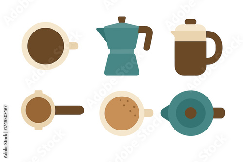 Stylized set of coffee cups, Moka pot, and brewing accessories viewed from above and side