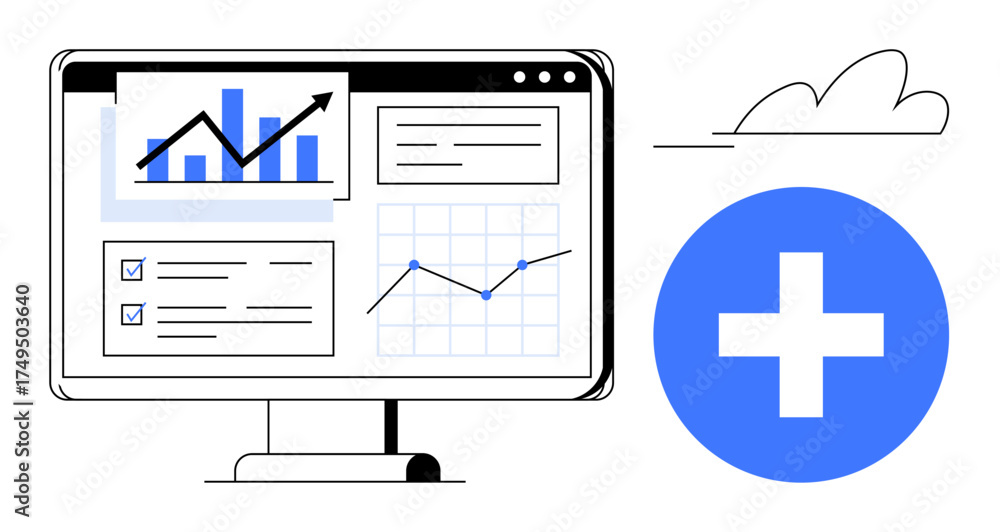 Fototapeta premium Computer monitor with charts, line graphs, and checklists paired with a blue cross icon. Ideal for analytics, data management, performance tracking, reporting, business insights, healthcare data