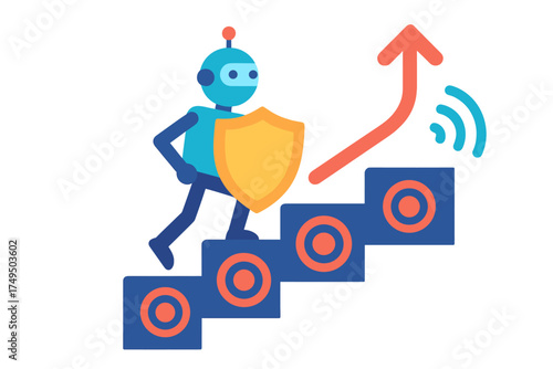 Blue robot character with a shield running up stairs toward an upward arrow symbolizing security and progress