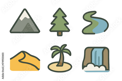 Set of natural landscape symbols: mountain, pine tree, river, desert dune, tropical island, and waterfall