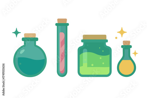 Collection of various magical potion bottles and test tube filled with colorful liquids