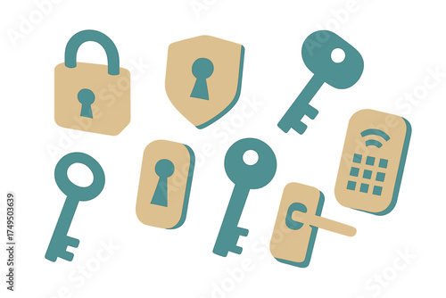 Security icons collection featuring padlocks, keyholes, keys, and a digital access keypad